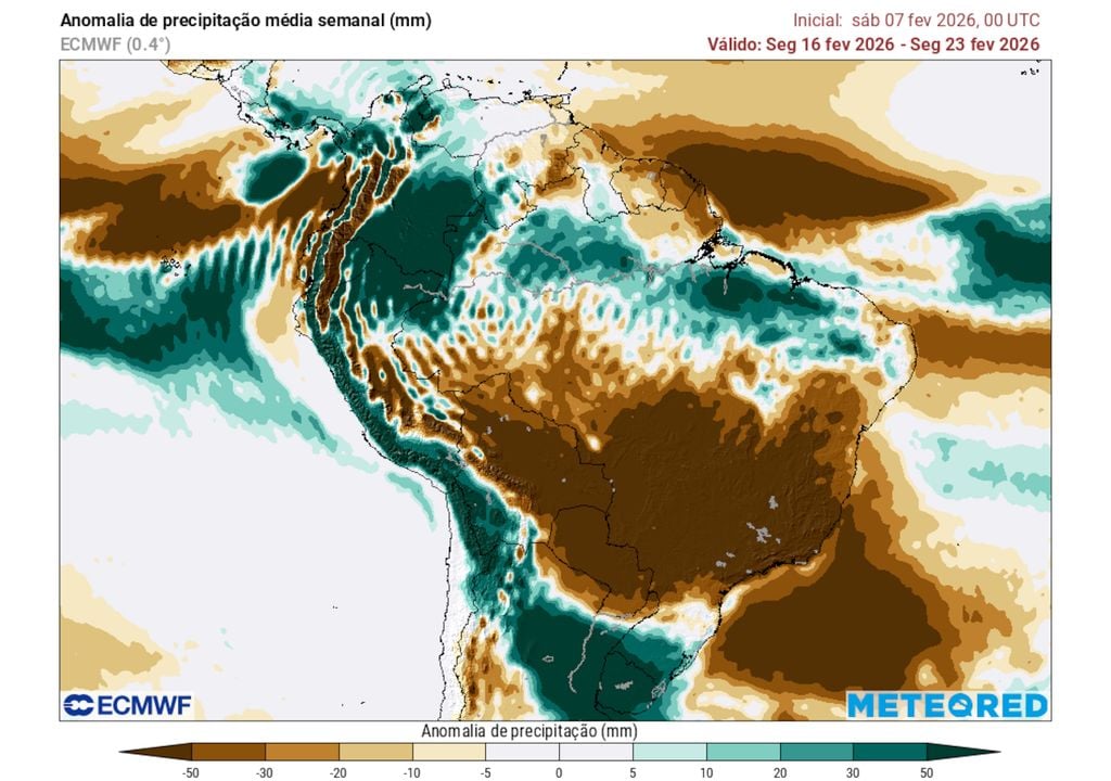 Previsão de anomalias de chuva entre os dias 16 e 23 de Fevereiro mostra tempo mais seco que o normal em uma grande porção do país, incluindo as regiões Sudeste, Centro-Oeste e Nordeste.