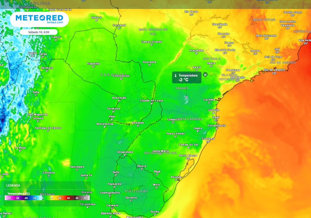 Previsão de temperaturas mínimas durante a madrugada de Sábado.