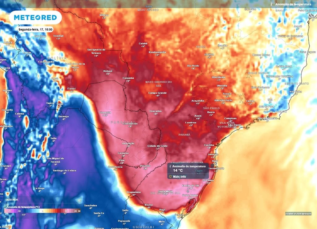 onda de calor Anomalia de temperatura pode atingir até 14°C nas máxima das segunda-feira, 17 de agosto.