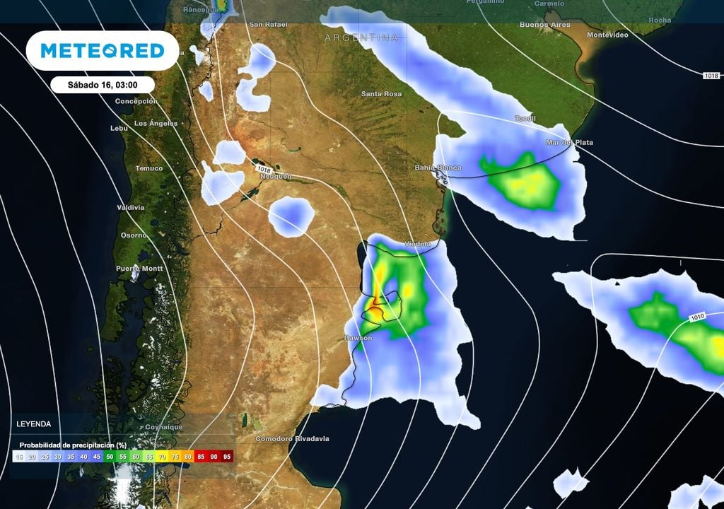 Lluvias sabado La presencia de una vaguada en niveles medios de la atmósfera que interactúa con un sistema frontal en retirada producirá algunas lluvias en el inicio del sábado sobre la costa atlántica y en el noroeste de la Patagonia. Luego dominarán las altas presiones y la región se estabilizará completamente.