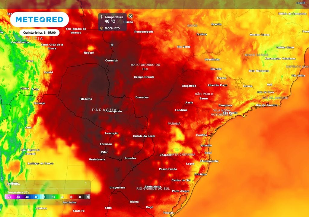 Previsão de temperaturas máximas na quinta-feira mostra que as temperaturas chegam a até 40°C (cores acinzentadas) em diversos estados do Brasil, incluindo RS, PR, SP, MS, MT e MG.