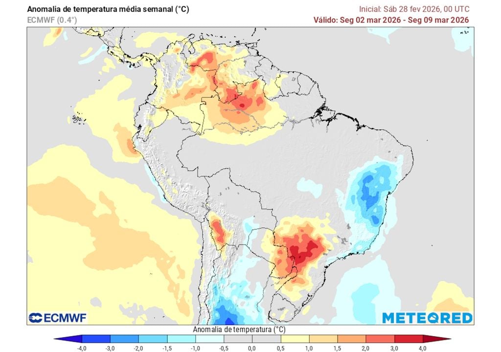 Previsão de anomalias de temperatura entre os dias 2 e 9 de março mostra uma onda de calor intensa sobre a região centro-sul do país, com anomalias de até 3°C acima da média esta semana.
