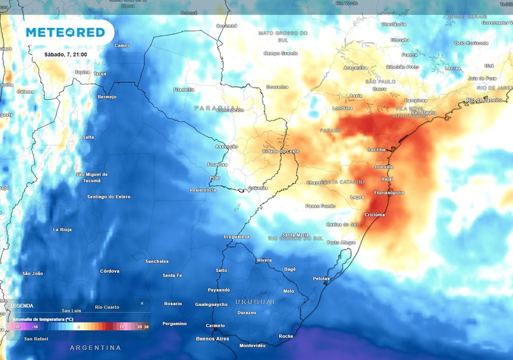 Previsão de anomalias de temperatura no sábado de noite mostra uma massa de ar frio avançando pelo país. O sistema ocasionará uma queda nas temperaturas, aliviando a onda de calor.