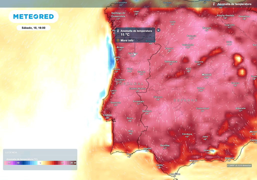 Mapa de anomalia da temperatura mostra valores muito acima da média para a época, com várias regiões a registarem entre +9 e +11 °C durante a tarde de sábado.