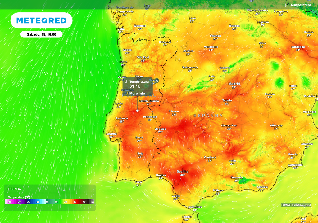 Subida gradual das temperaturas até ao fim de semana, com sábado a destacar-se como o dia mais quente, podendo o interior centro ultrapassar os 30 °C.