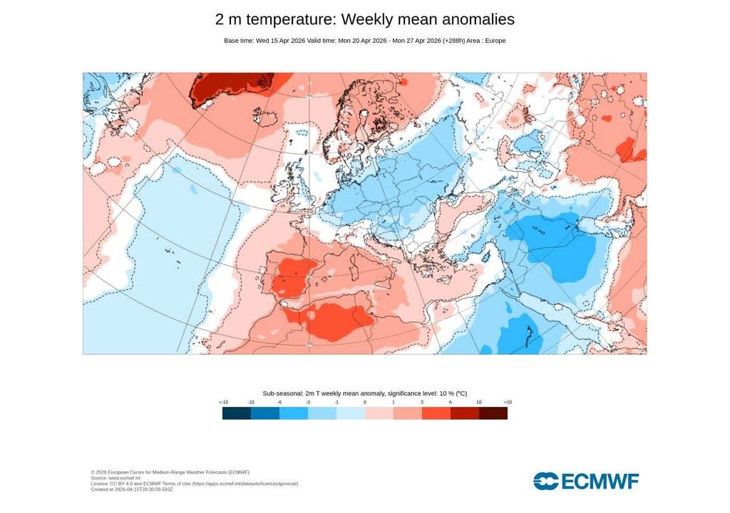 Apesar do aumento da instabilidade na semana de 20 a 27 de abril, a temperatura média semanal deverá manter-se entre 1 e 4 °C acima do normal em Portugal.