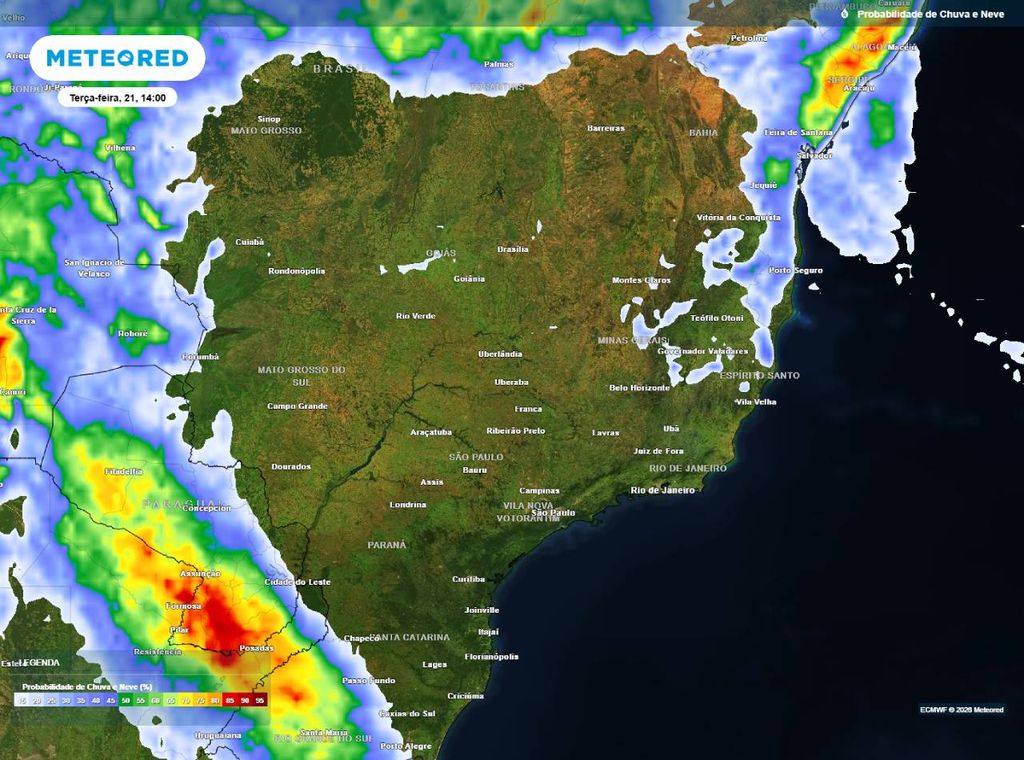 Previsão da probabilidade de precipitação (%) para terça-feira (21) à tarde (14h), segundo o modelo europeu ECMWF. Baixo potencial para chuvas em Minas Gerais e norte do Espírito Santo.