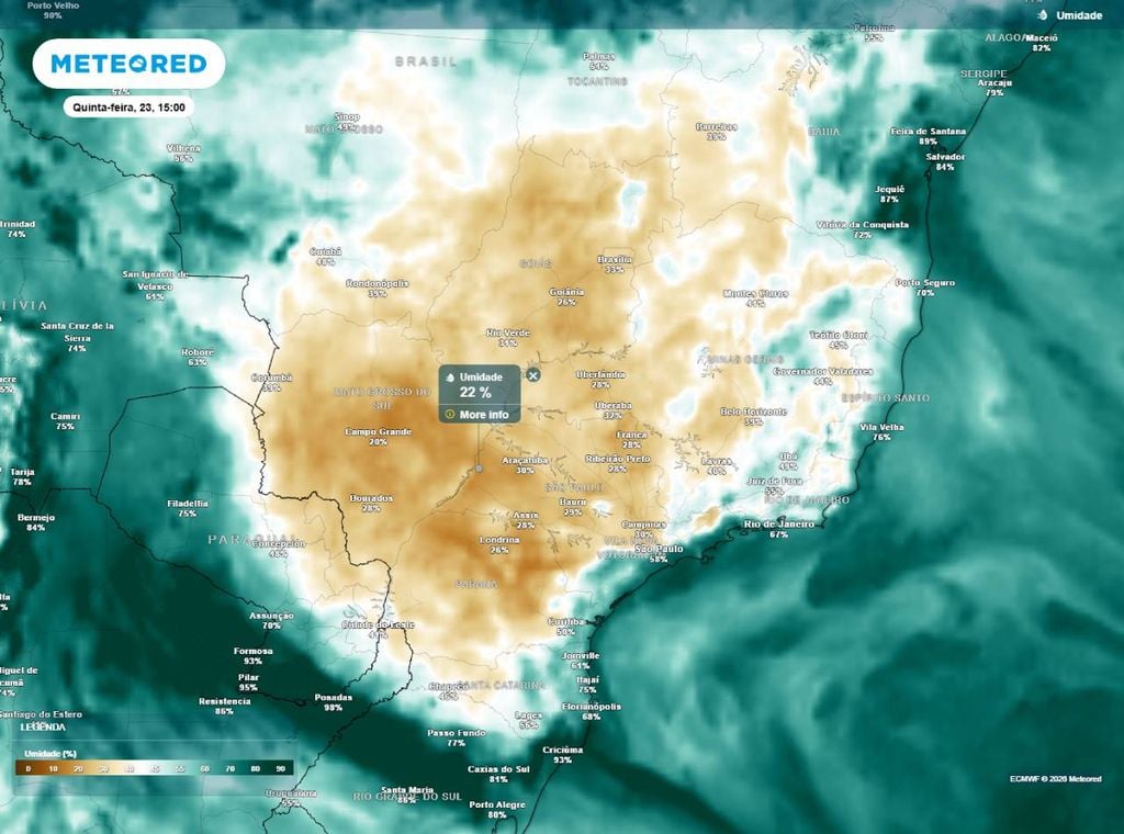 Previsão da umidade relativa do ar (em %) para quinta-feira (23) à tarde (15h), segundo o modelo europeu ECMWF.