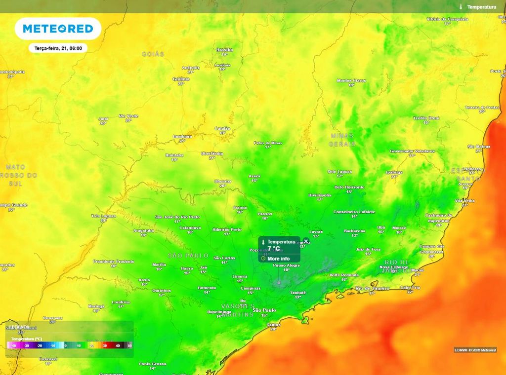 Previsão da temperatura mínima (em °C) para a terça-feira (21), segundo o modelo europeu ECMWF.