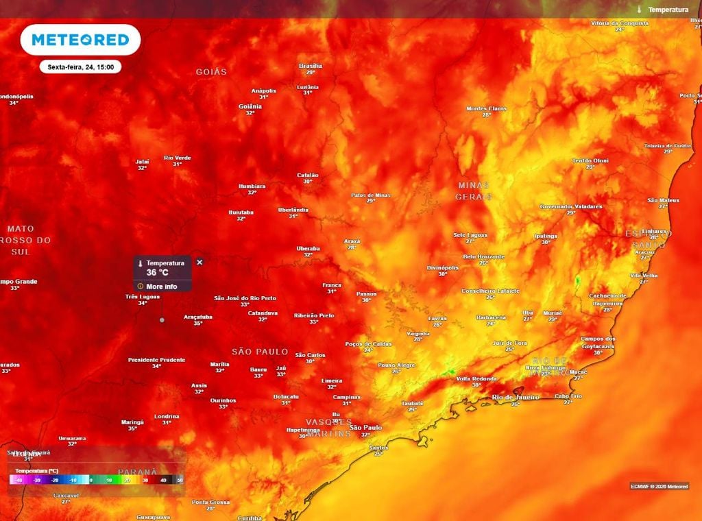 Previsão da temperatura máxima (em °C) para a sexta-feira (24), segundo o modelo europeu ECMWF.