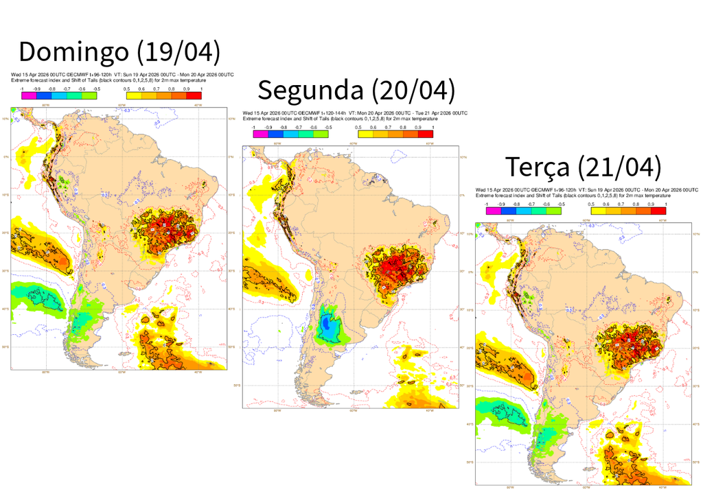 EFI do ECMWF para temperatura máxima entre domingo (19) e terça-feira (21). Créditos: Elaborado por Meteored/Mapas do ECMWF.