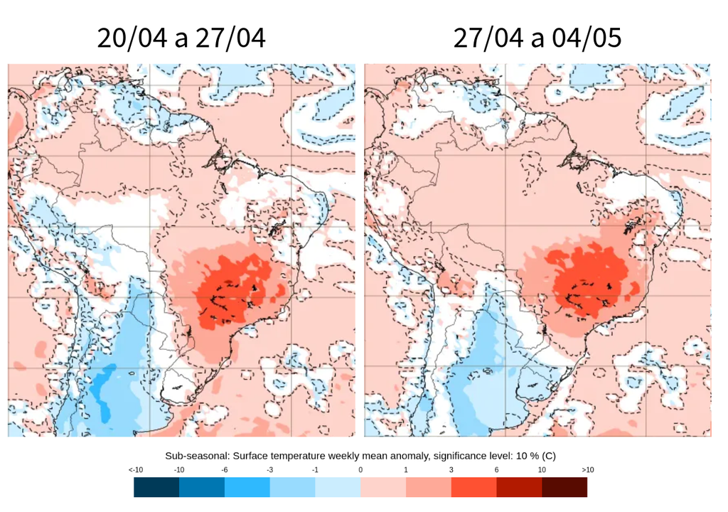 Previsão de anomalia semanal de temperatura de acordo com o ECMWF. Créditos: Elaborado por Meteored/Adaptado de ECMWF