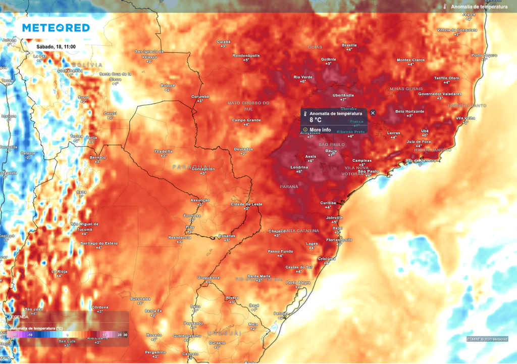 Previsão de anomalia de temperatura no sábado (18) de manhã, de acordo com o ECMWF.