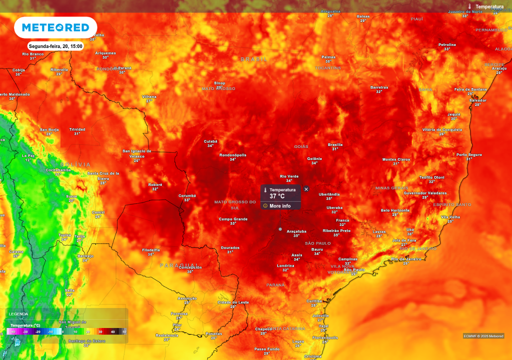 Previsão de temperatura máxima na segunda-feira (20), de acordo com o ECMWF.
