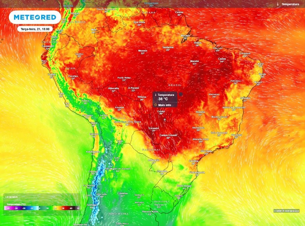 Previsão da temperatura máxima do ar (em °C) para a terça-feira (21), segundo o modelo europeu ECMWF.