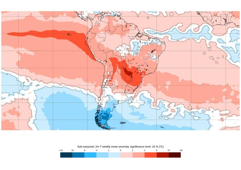 Anomalias médias de temperatura do ar (em °C) em 2 metros para a semana entre os dias 20 e 27 de julho, segundo o modelo europeu ECMWF Charts.