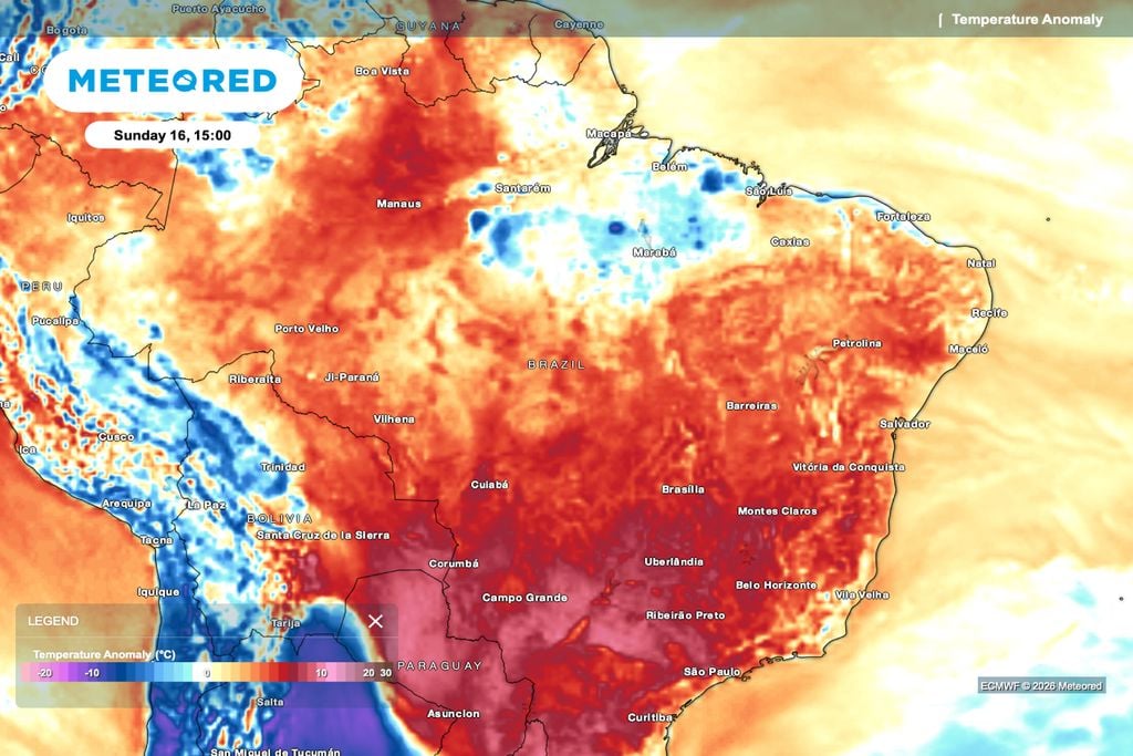 anomalia, temperatura Previsão de anomalia de temperatura para a tarde de domingo, 16 de agosto.
