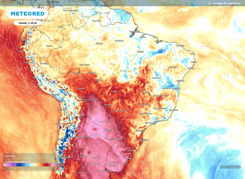 Anomalia de temperatura. Mapa mostra a presença de ar quente sobre o Sul, Sudeste e Centro-Oeste do Brasil no sábado (1)..