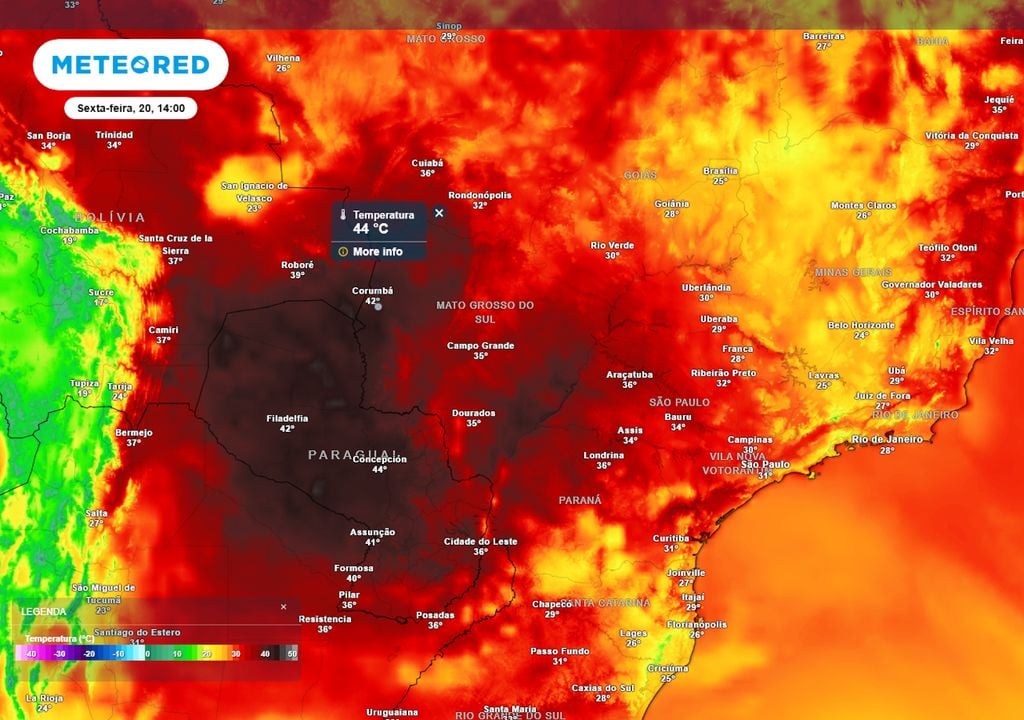 Previsão de temperaturas máximas nesta sexta-feira mostra diversos municípios brasileiros registrando temperaturas altíssimas, e a bolha de calor intensa sobre norte da Argentina e Paraguai.