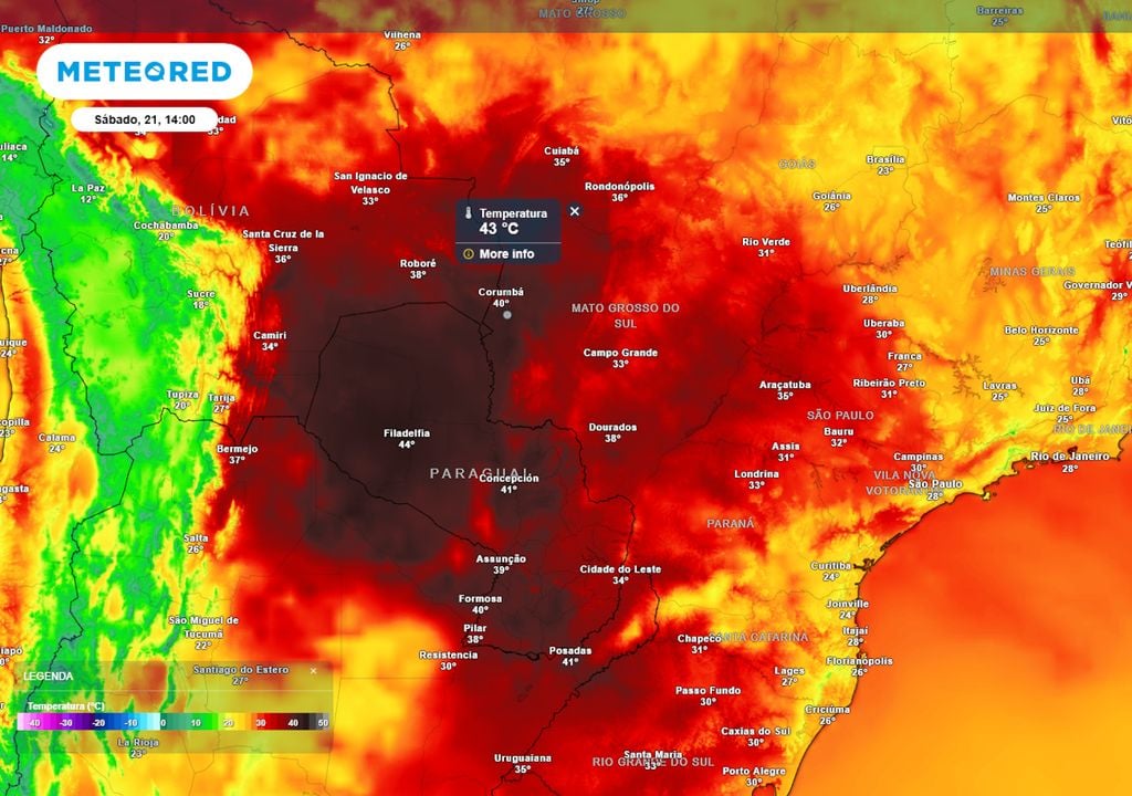 Previsão de temperaturas máximas neste sábado mostra diversos municípios brasileiros registrando temperaturas altíssimas, e a bolha de calor intensa sobre a Argentina e o Paraguai.