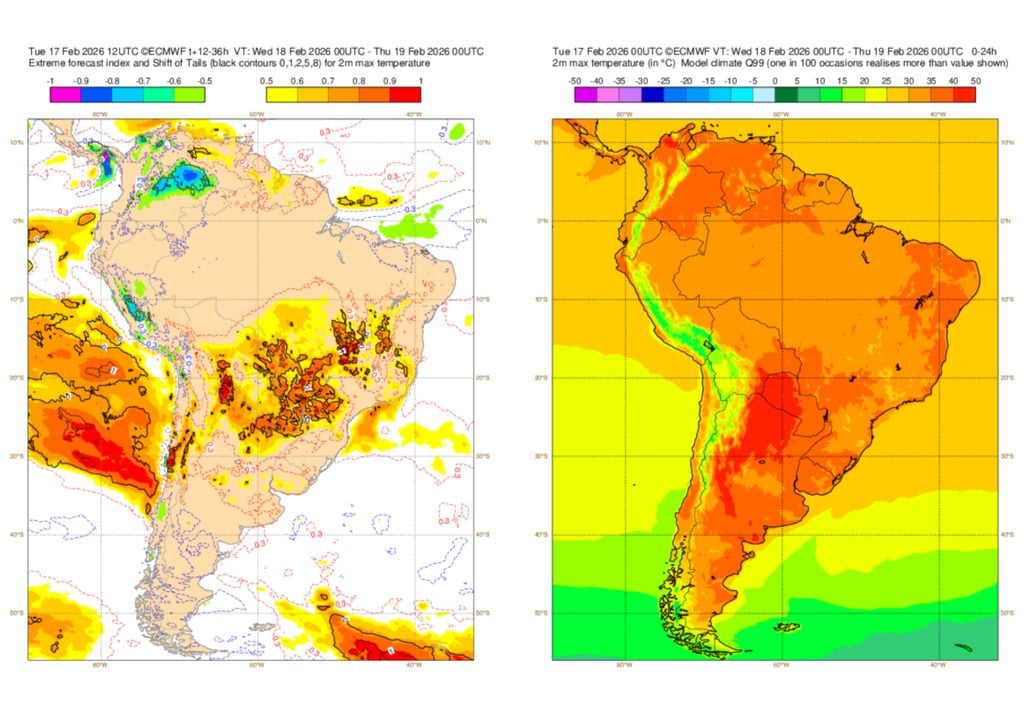 Previsão de Extreme Forecast Index (EFI) do ECMWF nesta quinta-feira indica que há condições para formação de temperaturas máximas incomuns ou extremas em grande parte do país.