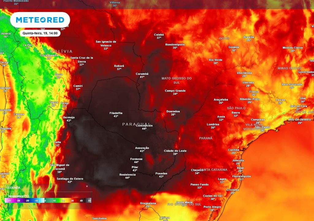 Previsão de temperaturas máximas nesta quinta-feira mostra diversos municípios brasileiros registrando temperaturas altíssimas, e a bolha de calor intensa sobre a Argentina e o Paraguai.
