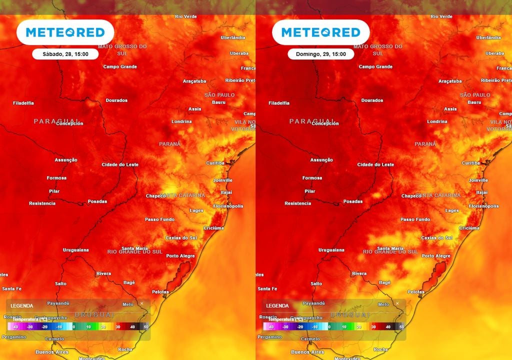 Previsão de temperaturas máximas no sábado (esquerda) e no domingo (direita) durante a tarde mostra que as temperaturas voltam a chegar a até 36°C em alguns municípios do Sul.