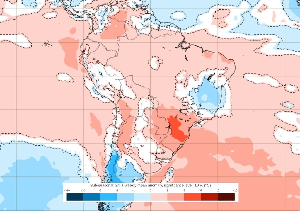 Previsão de anomalias de temperatura em 2m entre os dias 23 e 30 de março (ECMWF)