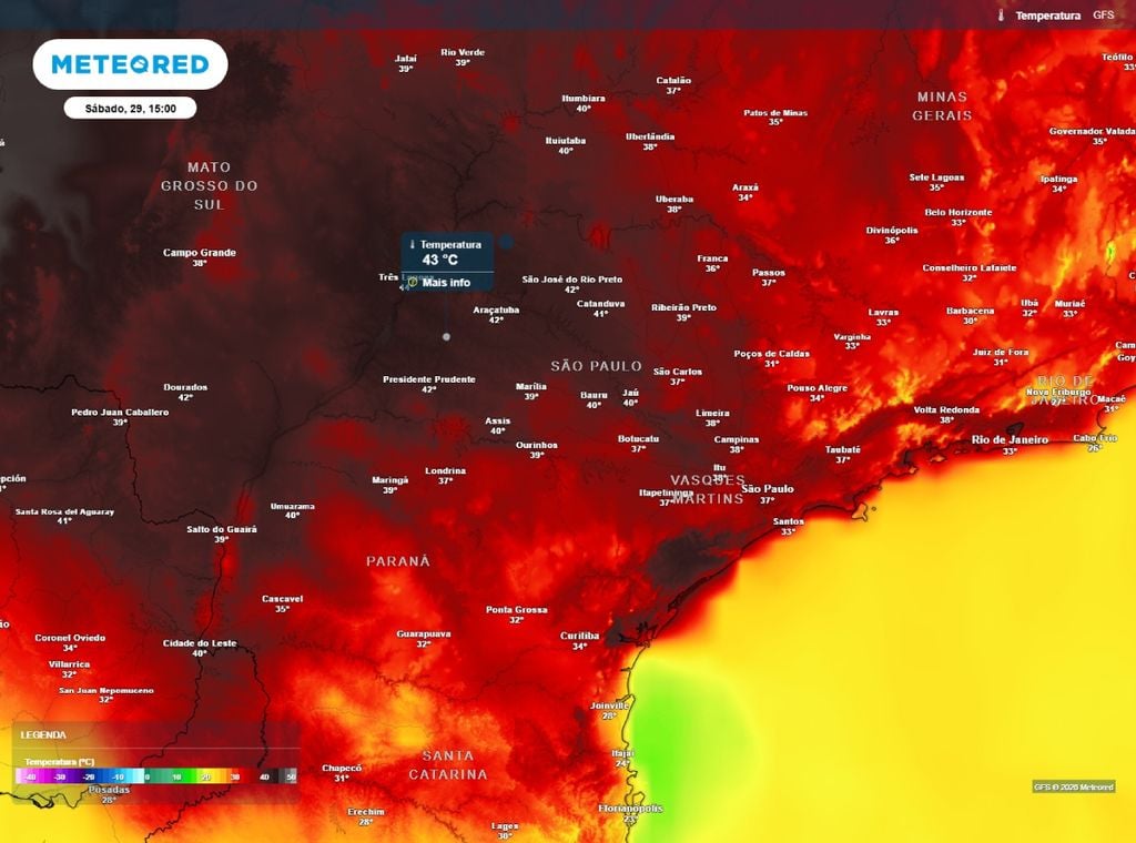 Previsão da temperatura máxima do ar em superfície (em °C) para o sábado (29 de agosto).