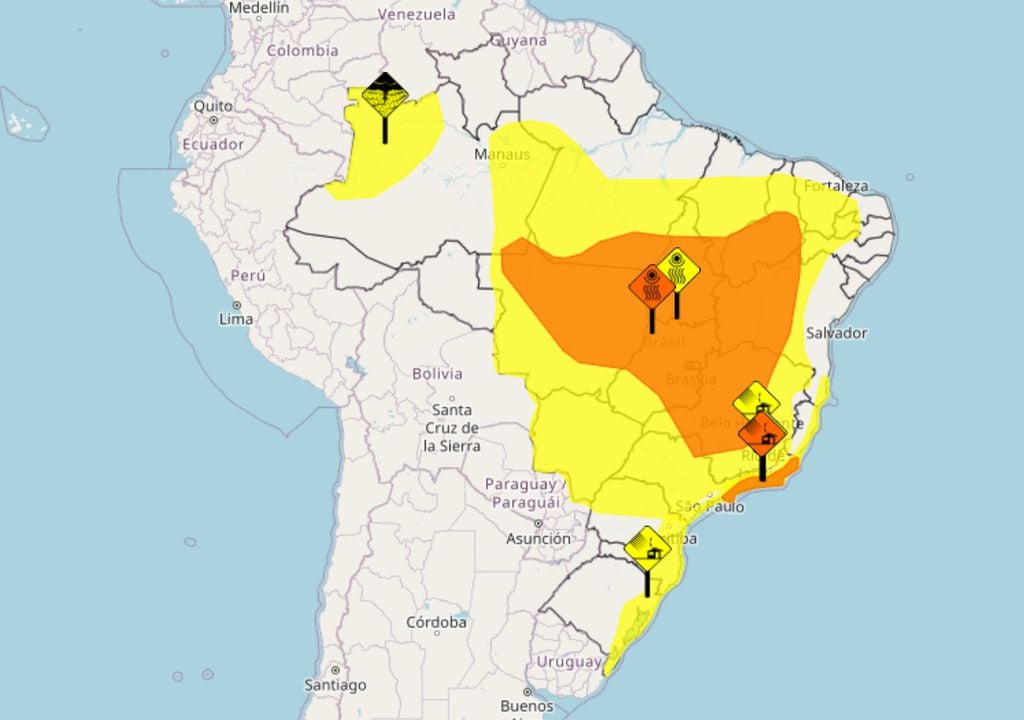 Mapa de alertas emitidos pelo INMET nesta sexta-feira ilustra regiões que estão sob riscos meteorológicos - incluindo grande parte do país que está sendo afetada por baixas umidades relativas.