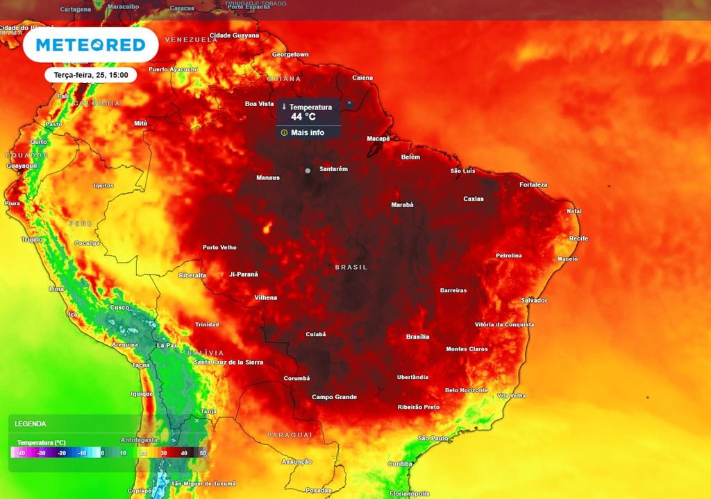 Previsão de temperaturas máximas nesta terça-feira mostra temperaturas mais altas do que o normal em grande parte do Brasil, com máximas que chegam a 44°C ou mais em diversos estados.