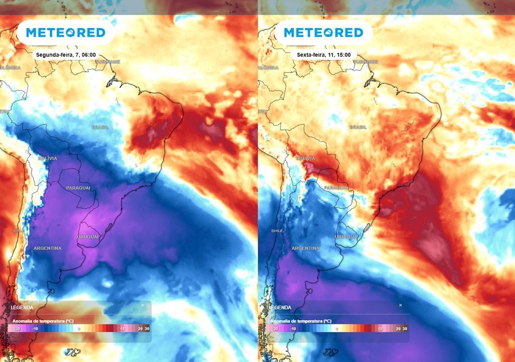 Previsão de anomalias de temperatura em 850 hPa nesta segunda-feira (esquerda) e na sexta-feira (direita). Previsão de anomalias de temperatura em 850 hPa nesta segunda-feira (esquerda) e na sexta-feira (direita) mostra o ar frio deixando o país e dando lugar a uma massa de ar quente.