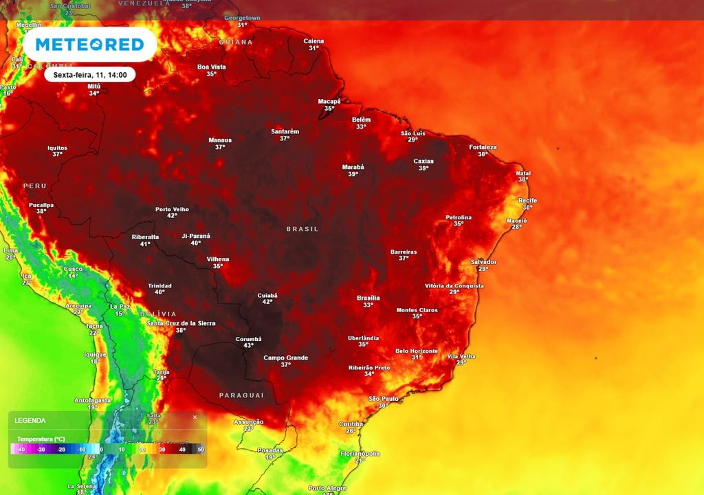 Previsão de temperaturas máximas na sexta-feira durante a tarde. Previsão de temperaturas máximas na sexta-feira durante a tarde mostra que grande parte do país voltará a registrar temperaturas máximas de 40°C ou mais, com a dissipação da massa de ar frio.