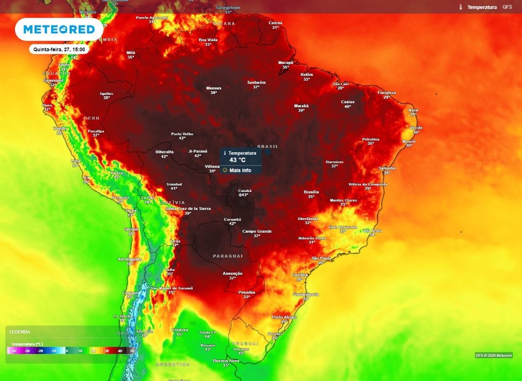 Temperatura Máxima quinta-feira. Mapa mostra o calor atuando em todo o Brasil. Termômetros devem superar os 40°C em várias localidades.