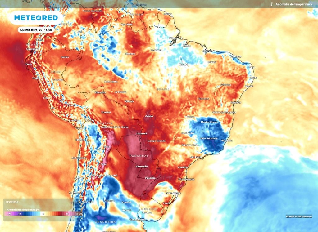 Anomalia de temperatura. Temperaturas ficam acima da média para áreas do Centro-Oeste, Nordeste, Norte e Sul do Brasil na tarde desta quinta-feira (27).