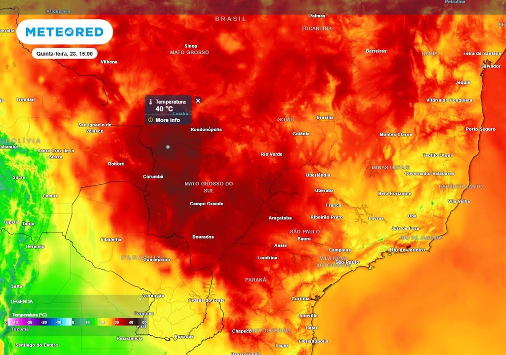 Previsão de temperaturas máximas na quinta-feira durante a tarde mostra que as temperaturas no MS podem chegar a 40°C, com valores muito altos previstos também no PR, SC e SP.