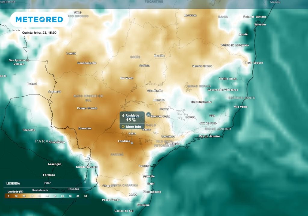 Previsão de umidades relativas mínimas na quinta-feira durante a tarde mostra valores baixíssimos de até 15% entre PR, MS e SP, trazendo riscos à saúde e impulsionando incêndios.