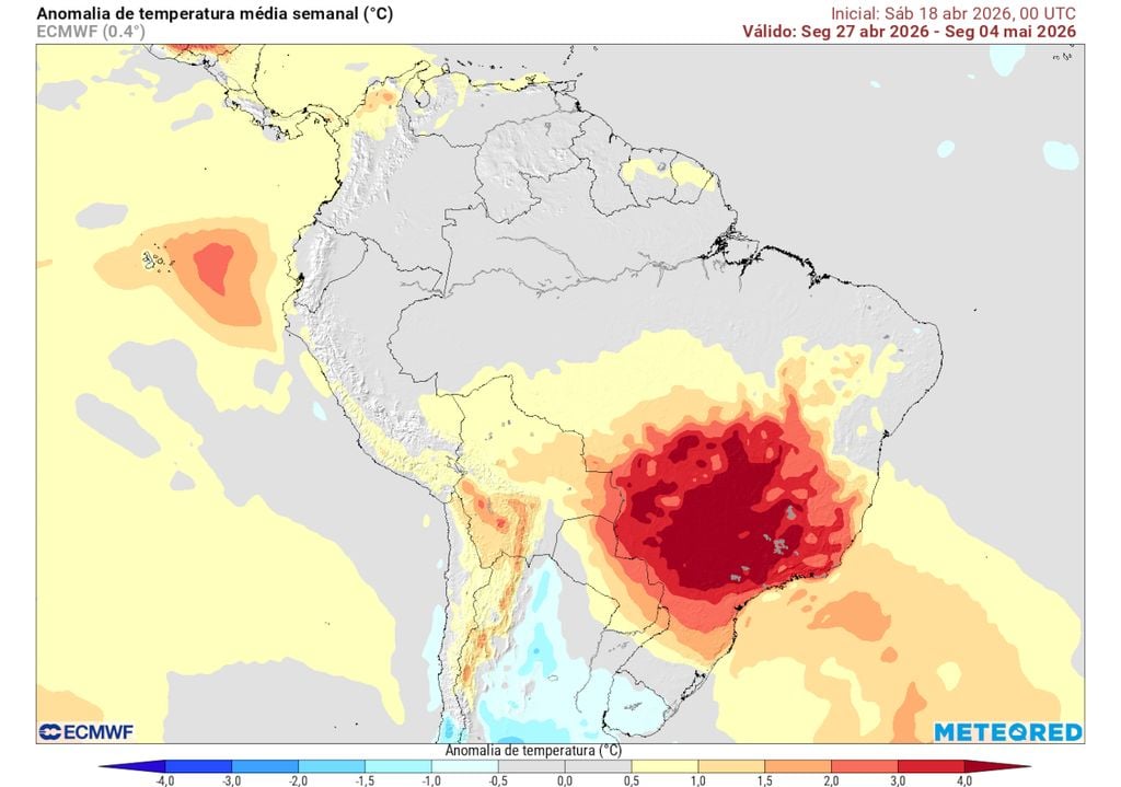Previsão de anomalias de temperaturas entre os dias 27 de Abril e 4 de Maio indica que a onda de calor continuará ao longo da semana que vem, potencialmente se estendendo para Maio.