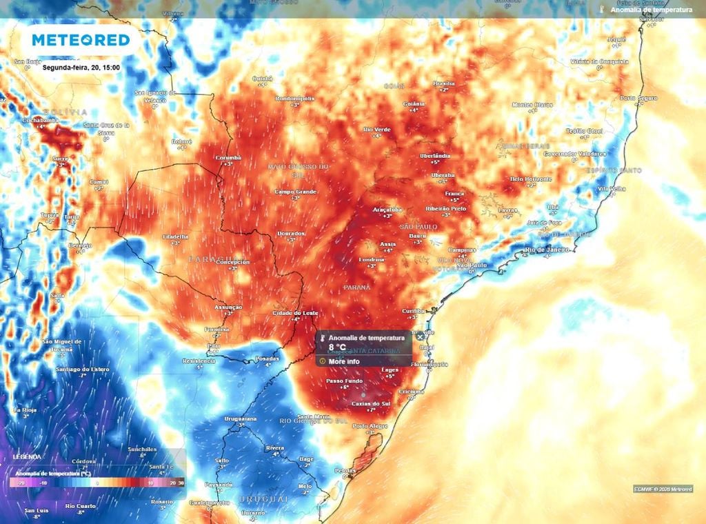 Bolha de ar quente permanece entre Centro-Oeste, Sudeste e o Sul do Brasil, com temperaturas até 8 graus acima da média na segunda-feira (20) à tarde.
