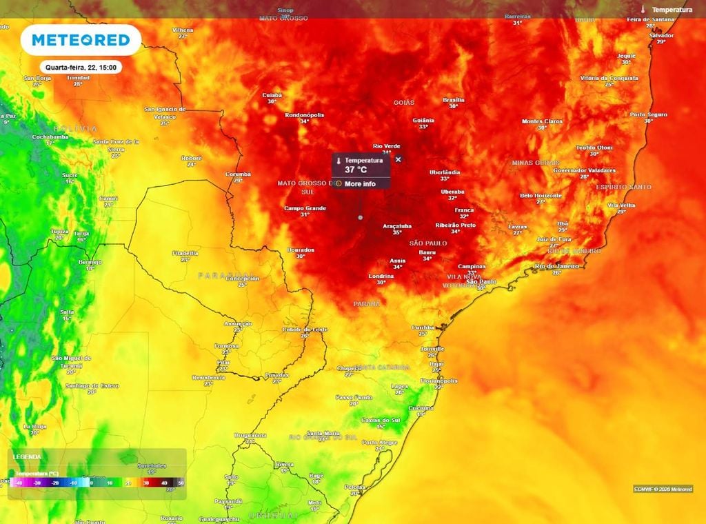 Previsão de temperatura máxima (em °C) para quarta-feira (22), segundo o modelo europeu ECMWF.