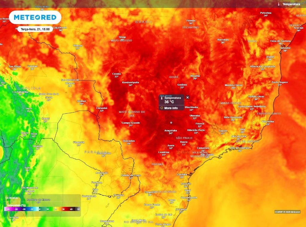 Previsão de temperatura máxima (em °C) para o feriado de Tiradentes (21), segundo o modelo europeu ECMWF.