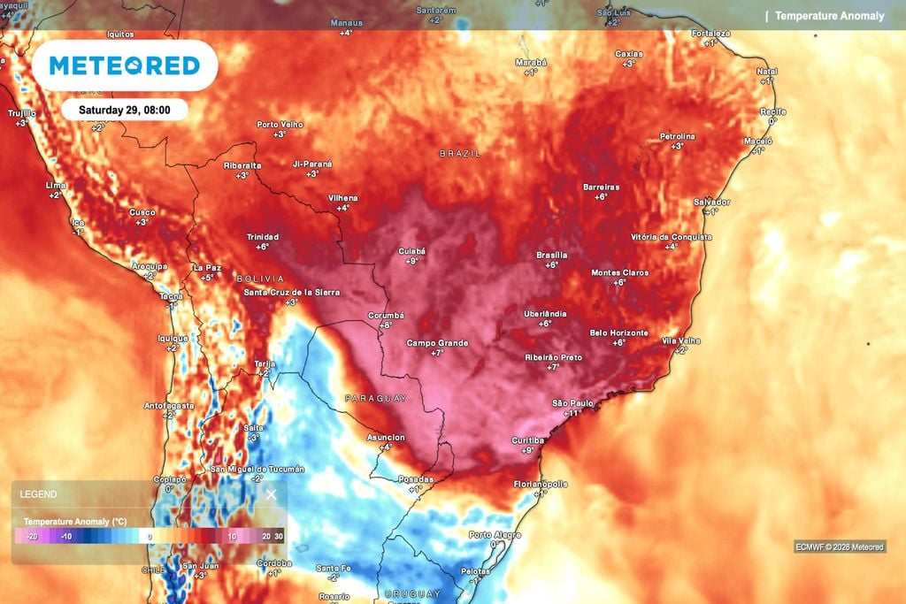 temperatura, anomalia, calor Previsão de anomalia de temperatura para sábado (29).