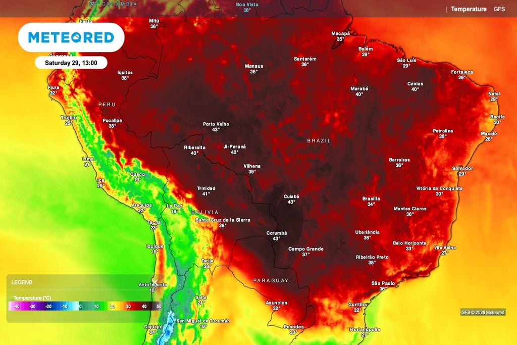 Temperatura, calor, onda de calor Previsão de temperatura do ar (°C) para sábado (29)