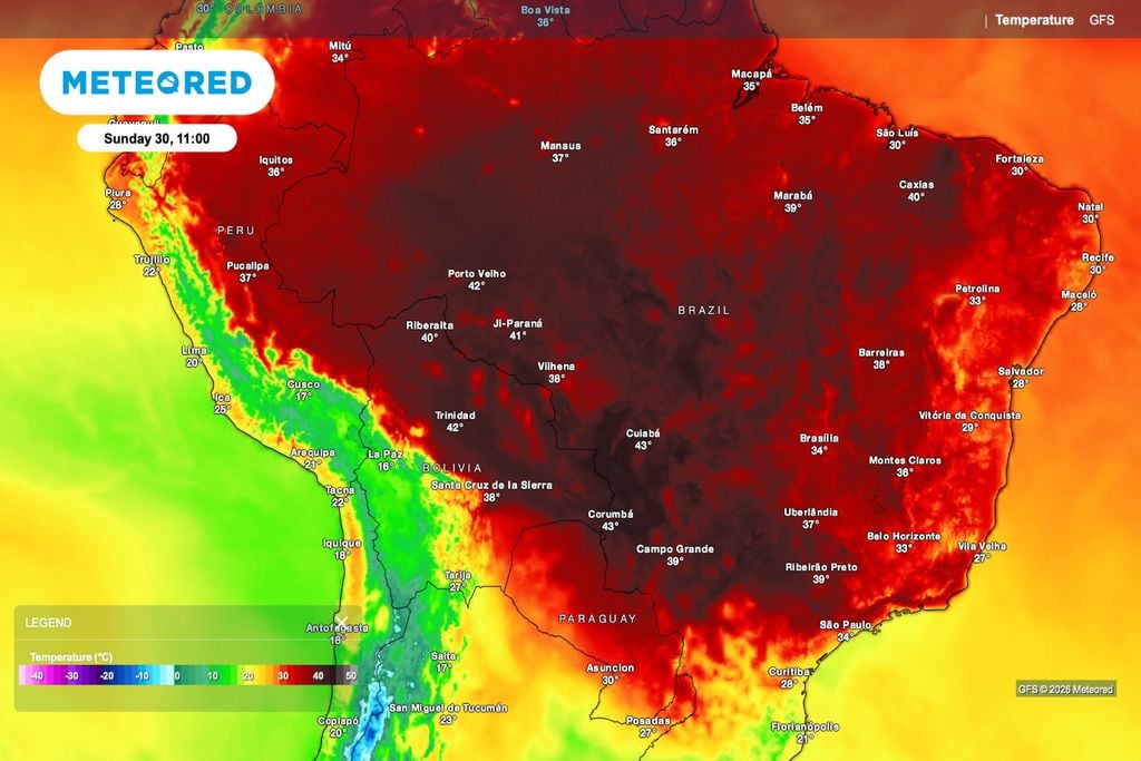 temperatura, onda de calor Previsão de temperatura para domingo (30), durante a tarde.