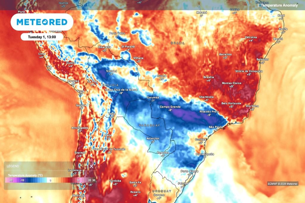 anomalia, temperatura Previsão de anomalia de temperatura para terça-feira (1º).