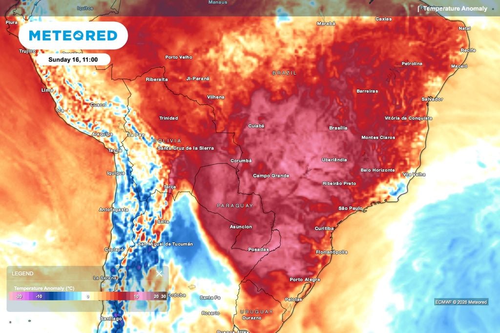 temperatura, calor, umidade Previsão da anomalia de temperatura do ar (°C) para o domingo (16).