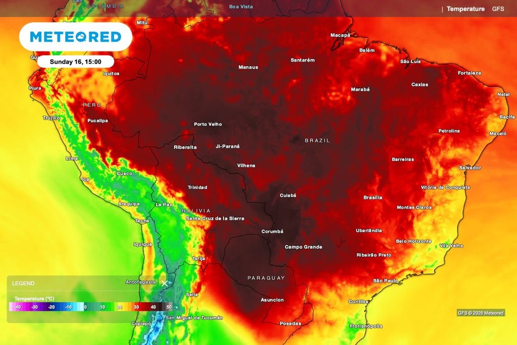 Temperatura, anomalia, calor Previsão da temperatura do ar (°C) para o domingo (16).