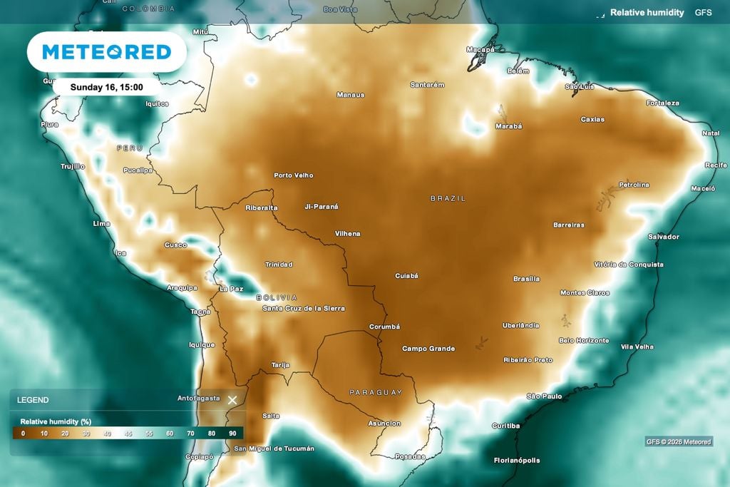 umidade, anomalia, calor Previsão de umidade relativa do ar (%) para o domingo (16)
