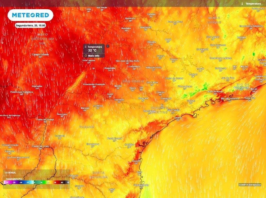 Previsão da temperatura máxima do ar (em °C) para segunda-feira (20), segundo o modelo europeu ECMWF.