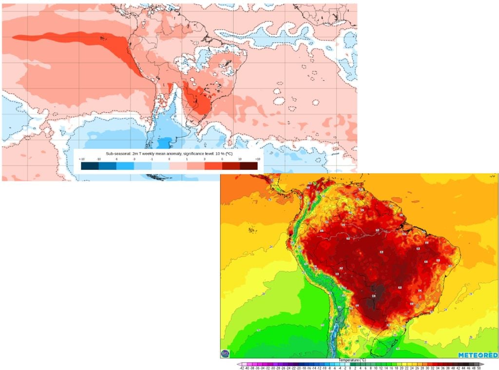 ECMEF Charts e Previsão da temperatura máxima. ECMWF Charts entre os dias 20 e 27 de julho (esquerda) e previsão da temperatura máxima para o dia 22 de julho (direita).